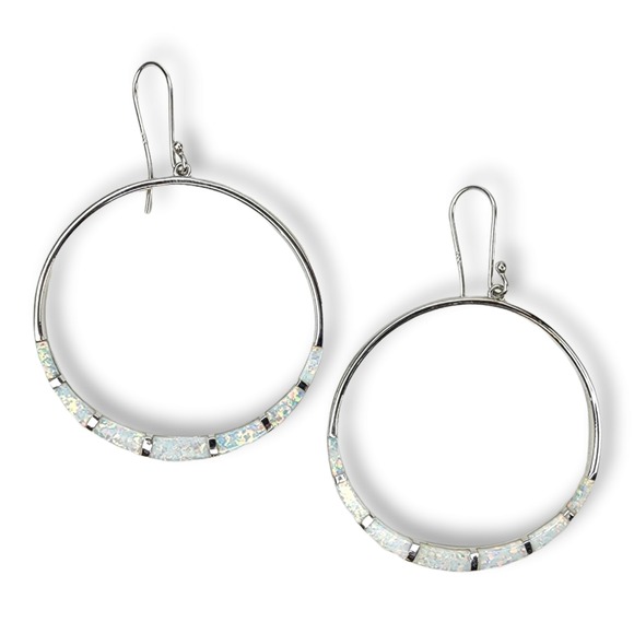 Southwestern Jewelry - Sterling Silver 925 Southwestern Faux Opal Channel Inlay Large Hoop Earrings